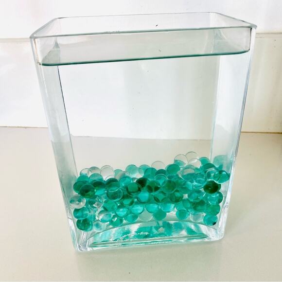 VINTAGE Square Rectangle Aquarium Glass Vase Green Round Pebble Marbles Decor - Picture 1 of 5